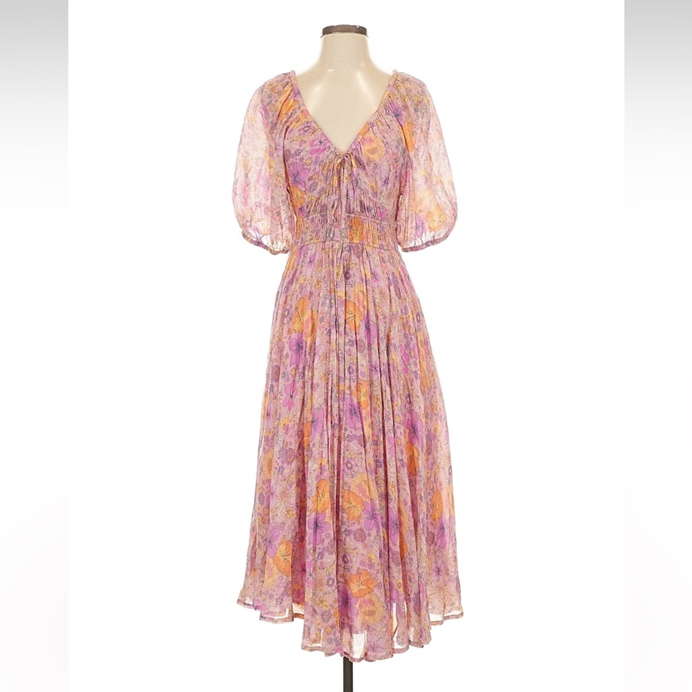 LIKE New Hibiscus Lane Spell Pink and Orange Floral Midi Dress